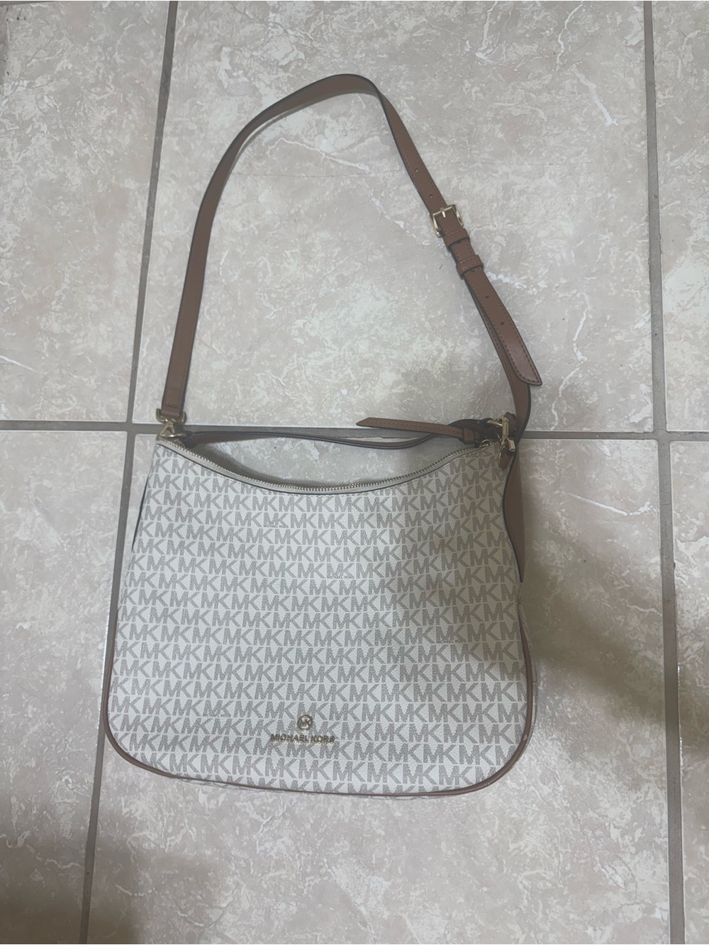 Michael Kors Beige MK Logo Shoulder Bag with Brown Trim